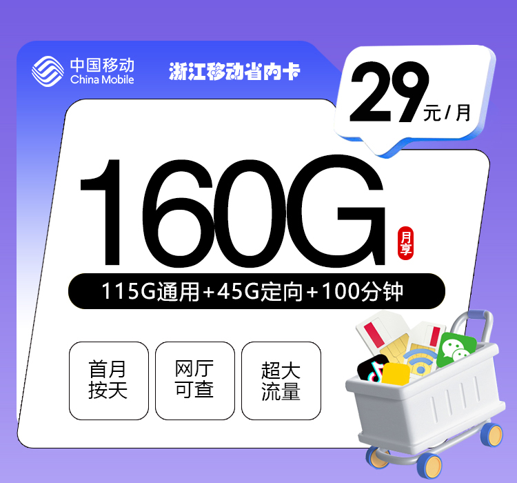 浙江移动省内卡【29元160G+100分钟】 流量卡-随身WiFi-宽带官方办理渠道