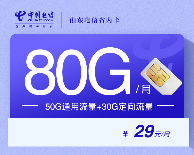 山东电信专属省内卡【29元80G】 流量卡-随身WiFi-宽带官方办理渠道丨低资费5G高速丨全国无漫游