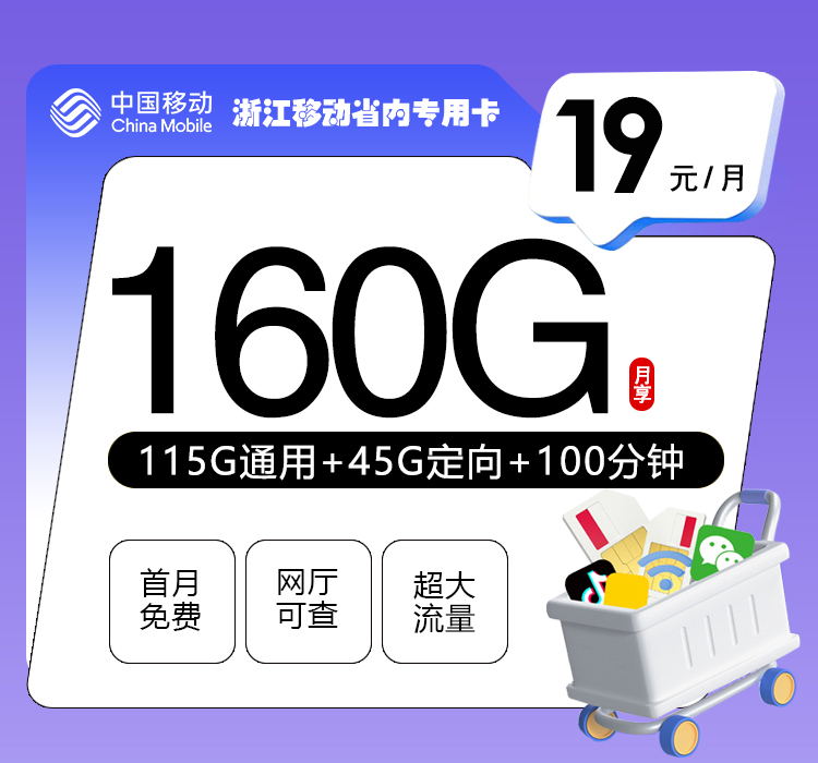 浙江移动省内专用卡【19元160G+100分钟】 流量卡-随身WiFi-宽带官方办理渠道