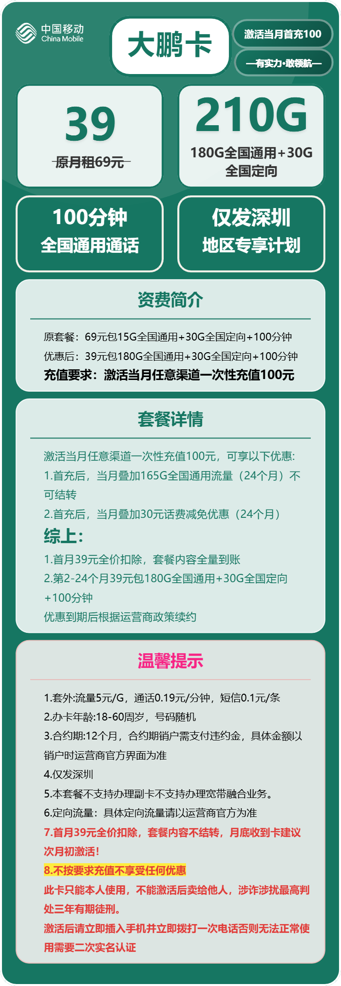 大鹏卡39元包180G通用+30G定向+100分钟官方办理入口
