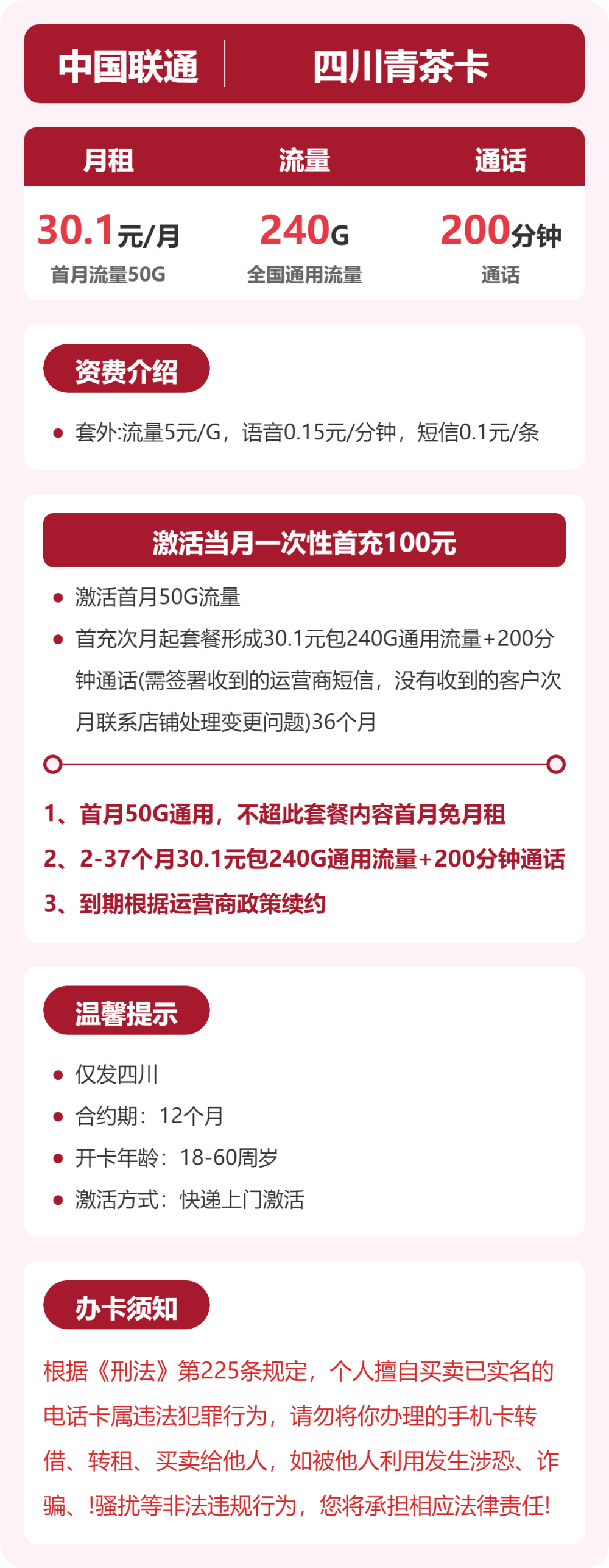 联通四川青茶卡1元包240G通用+200分钟官方办理入口