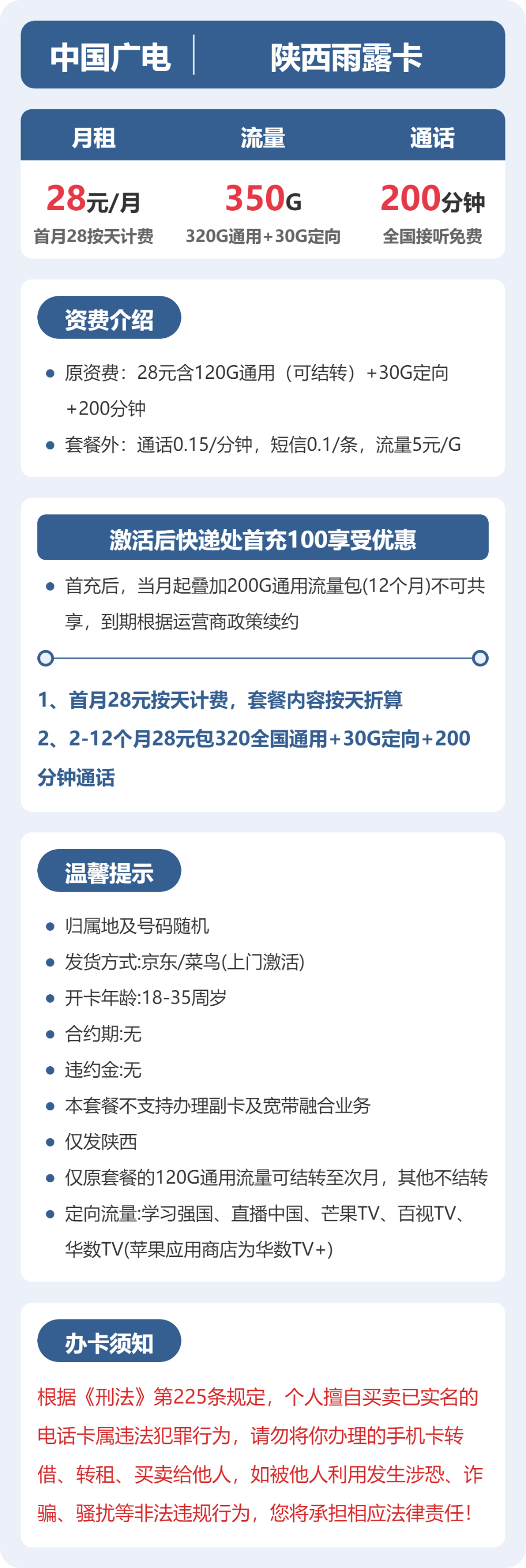 广电陕西雨露卡28元包350G通用+200分钟官方办理入口