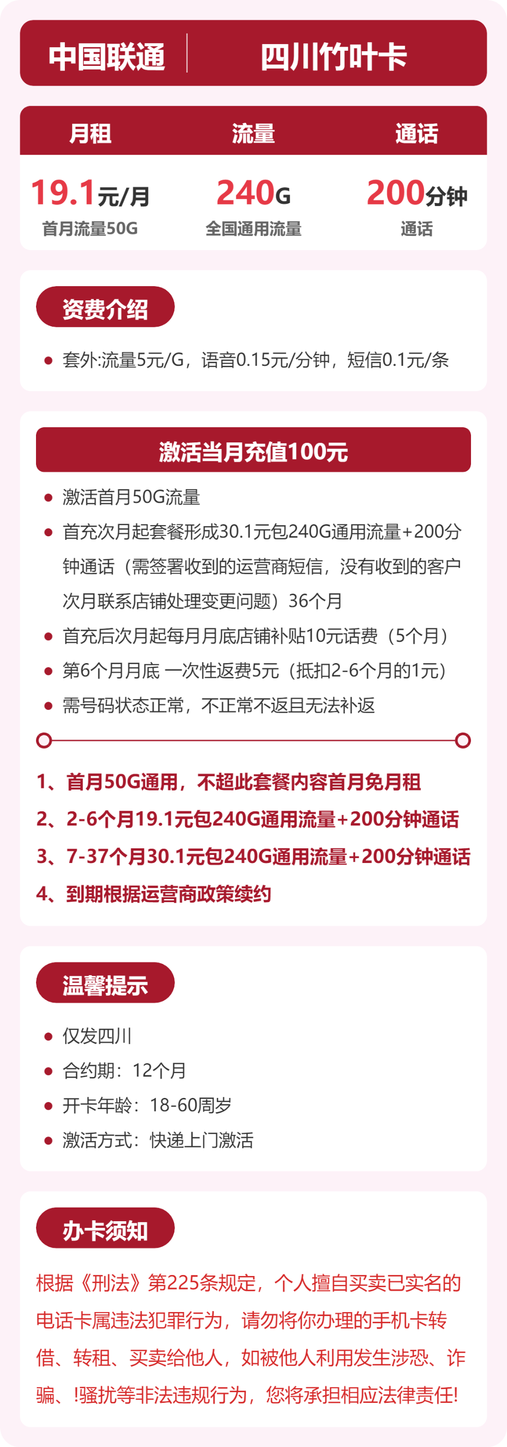 联通四川竹叶卡1元包240G通用+200分钟官方办理入口