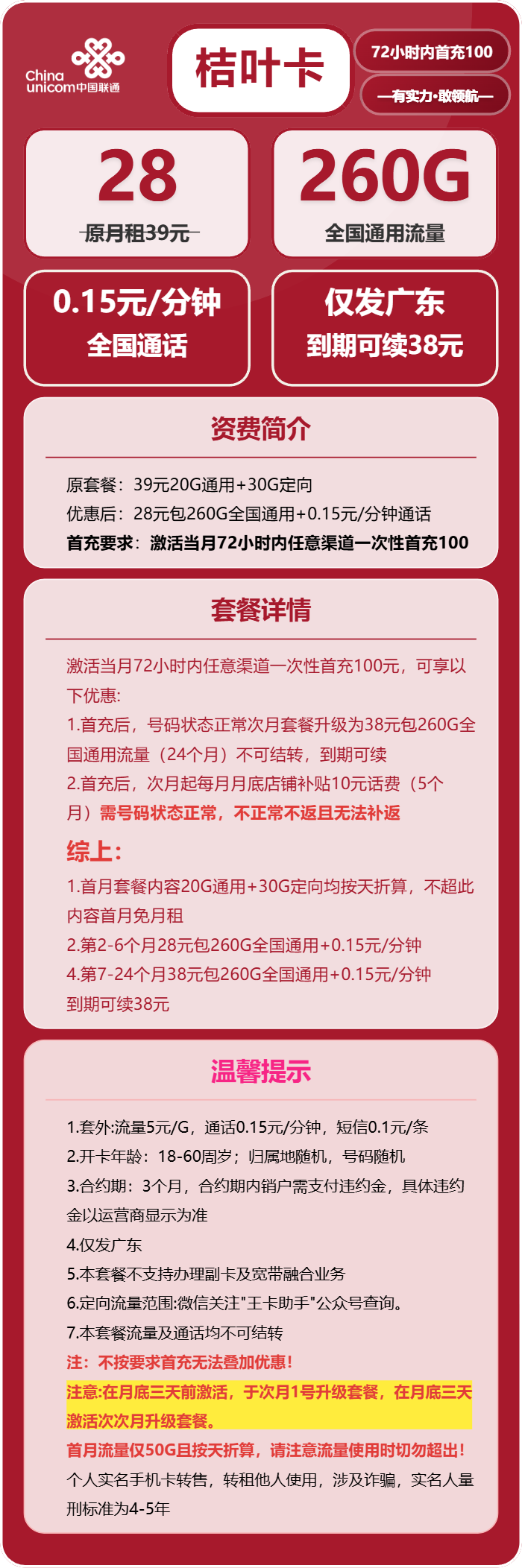 联通叶卡28元包260G通用+100分钟官方办理入口