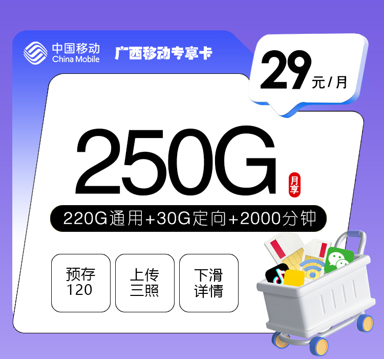 广西移动专享卡【29元250G+2000分钟】官方办理入口