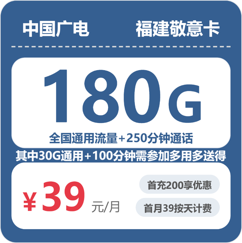 广电福建敬意卡39元包180G通用+250分钟官方办理入口
