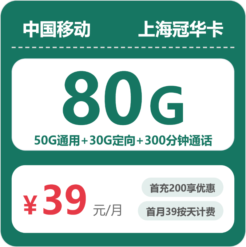 移动上海冠华卡39元包160G通用+300分钟官方办理入口