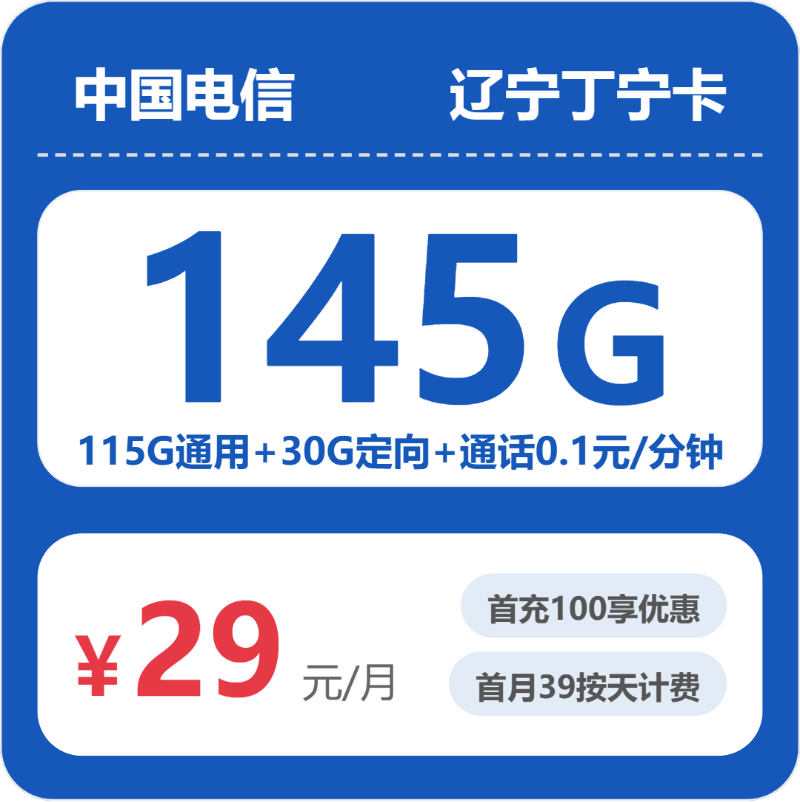 电信辽宁丁宁卡29元包145G通用+100分钟官方办理入口
