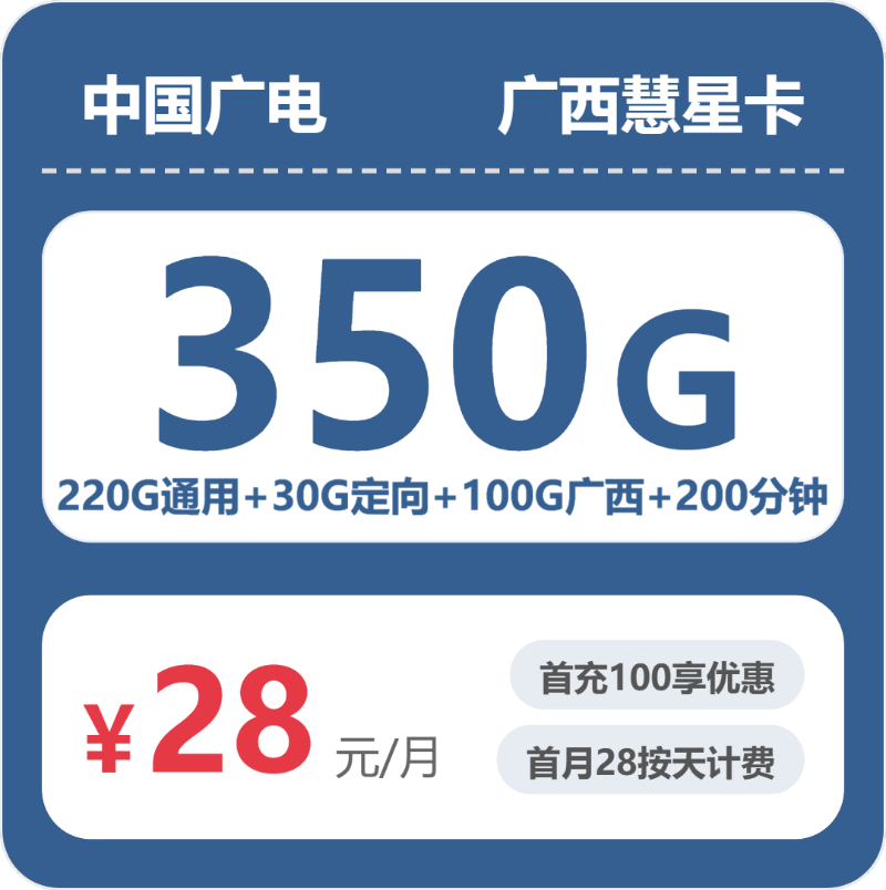 广电广西慧星卡28元包350G通用+200分钟官方办理入口