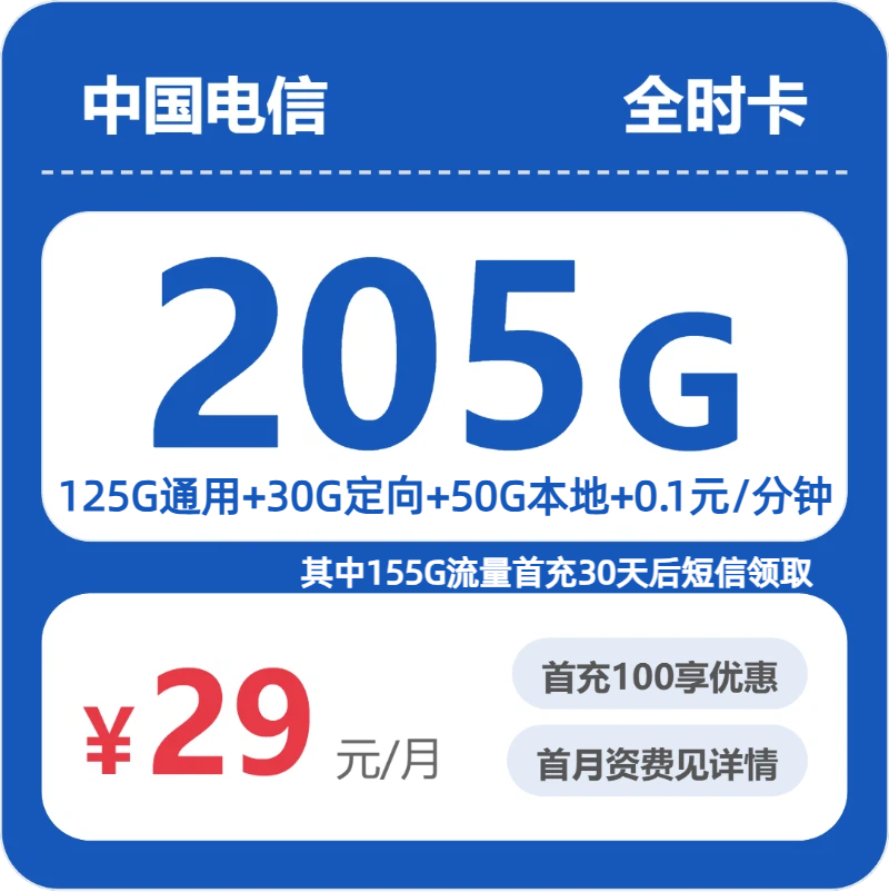 电信省内全时卡29元包205G通用+100分钟官方办理入口