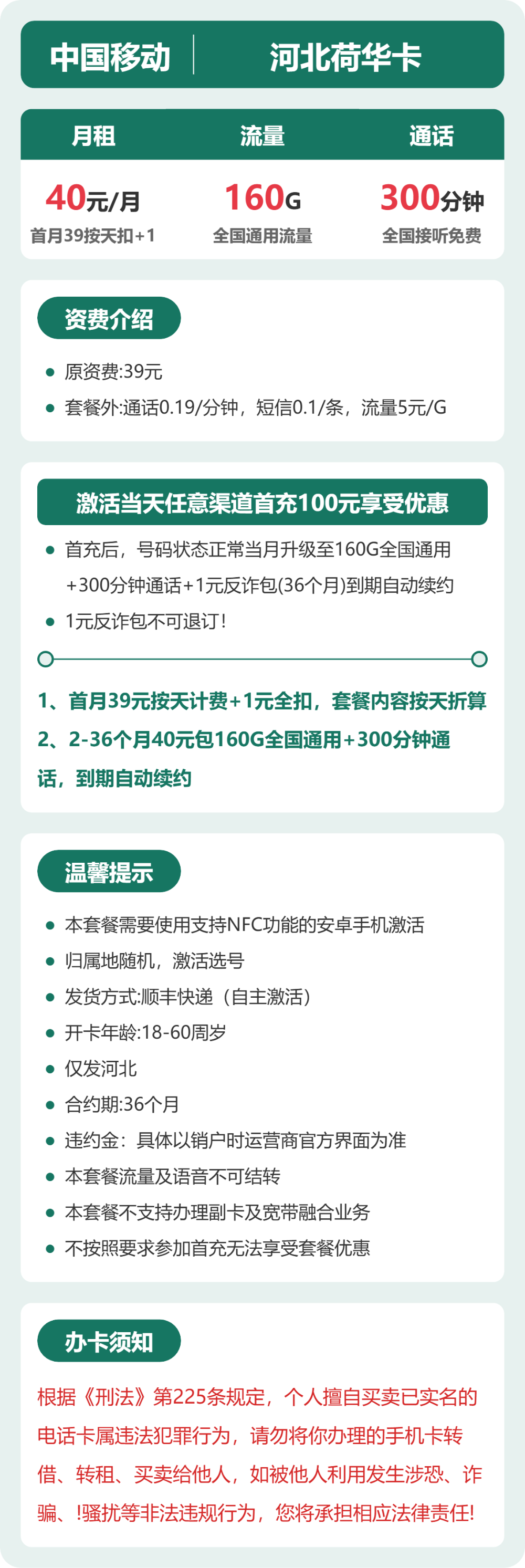 移动河北荷华卡40元包160G通用+300分钟官方办理入口