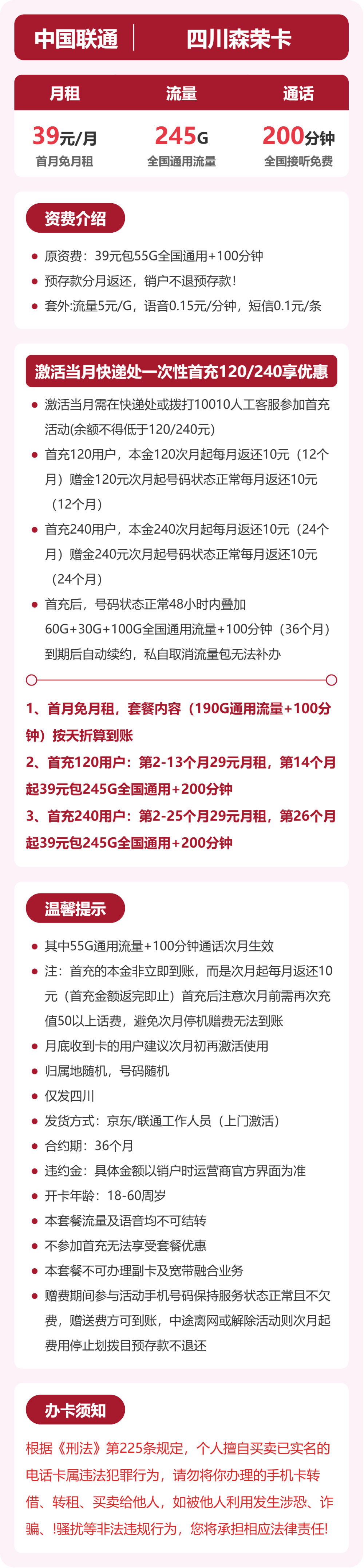 联通四川森荣卡39元包245G通用+200分钟官方办理入口