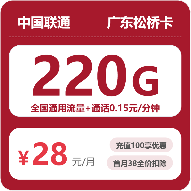 联通广东松桥卡28元包220G通用+100分钟官方办理入口