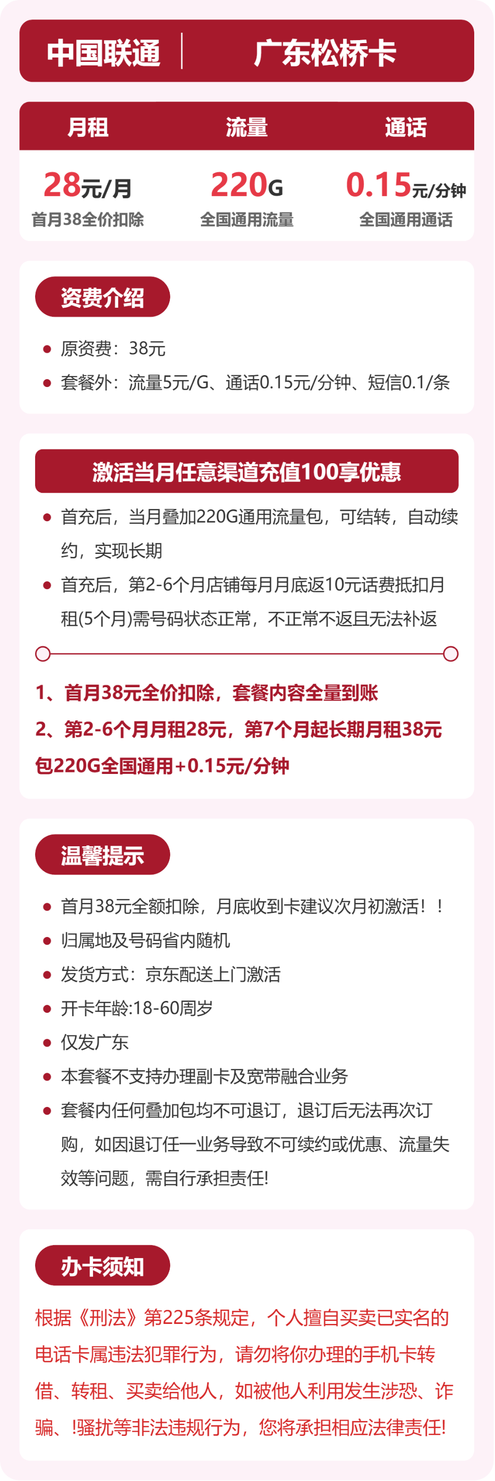 联通广东松桥卡28元包220G通用+100分钟官方办理入口