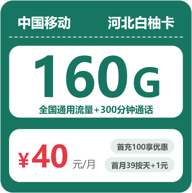 移动河北白柚卡40元包160G通用+300分钟官方办理入口