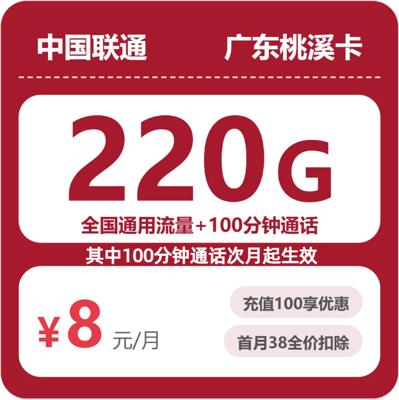 联通广东桃溪卡8元包220G通用+100分钟官方办理入口