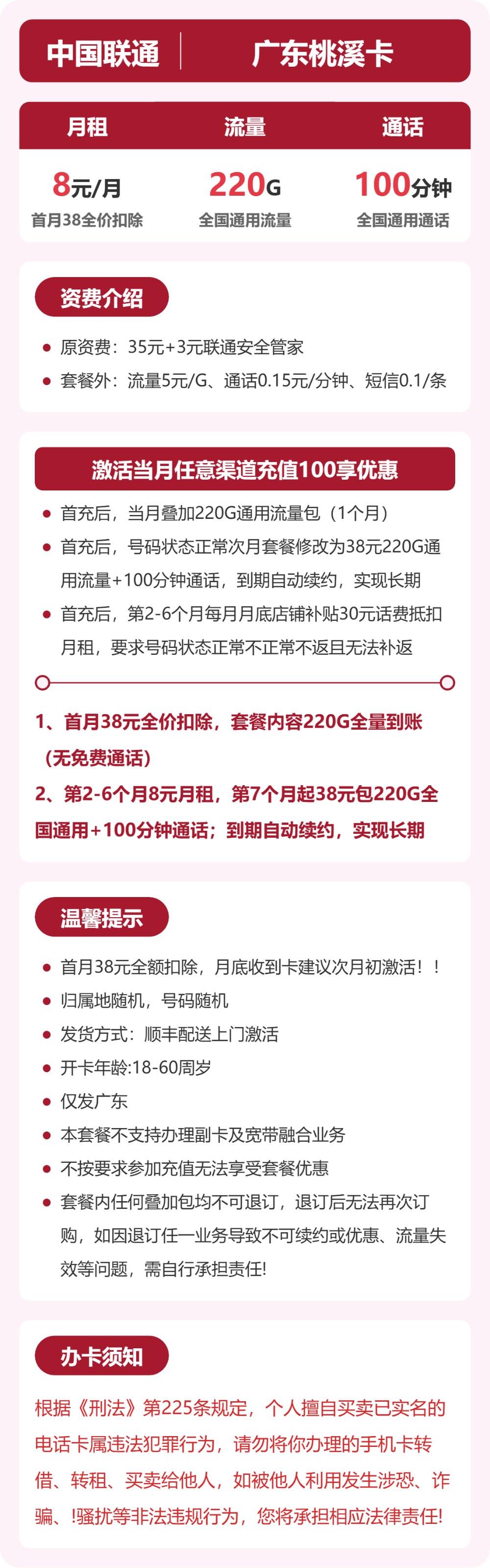 联通广东桃溪卡8元包220G通用+100分钟官方办理入口
