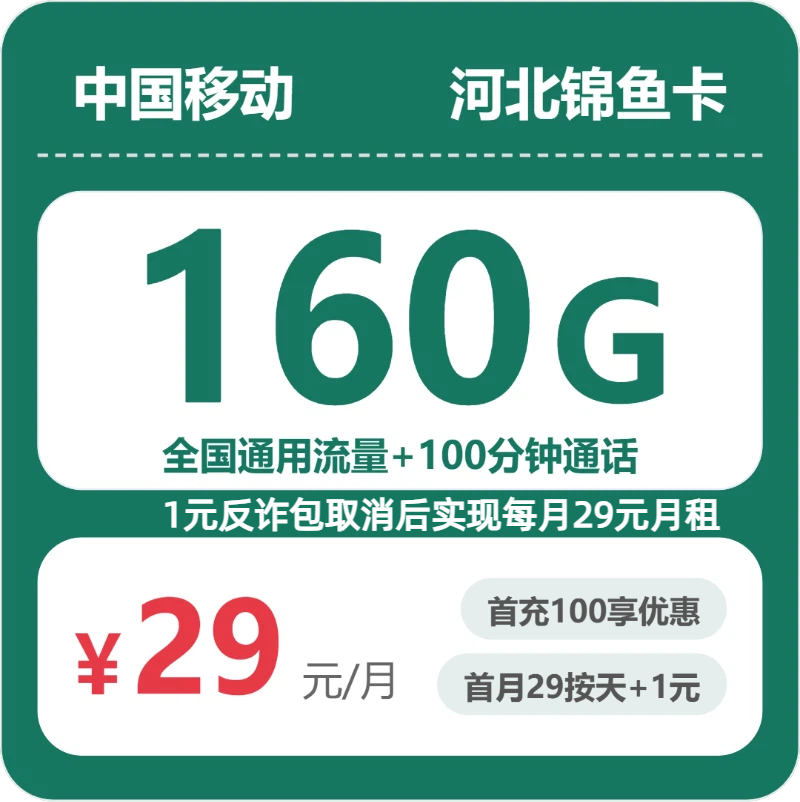 移动河北锦鱼卡29元包160G通用+100分钟官方办理入口