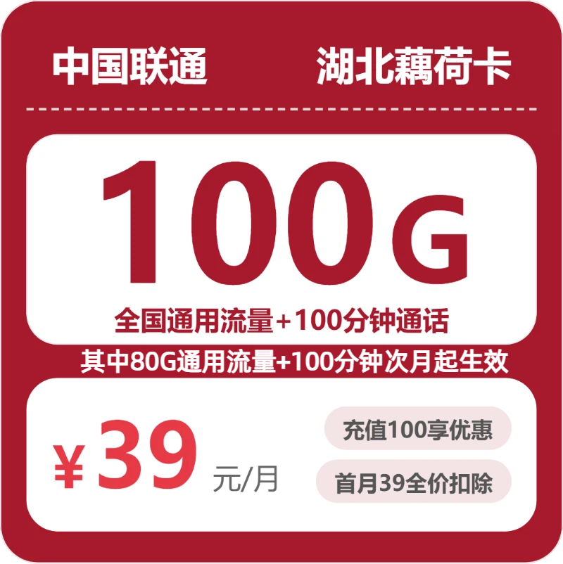 联通湖北藕荷卡39元包100G通用+100分钟官方办理入口