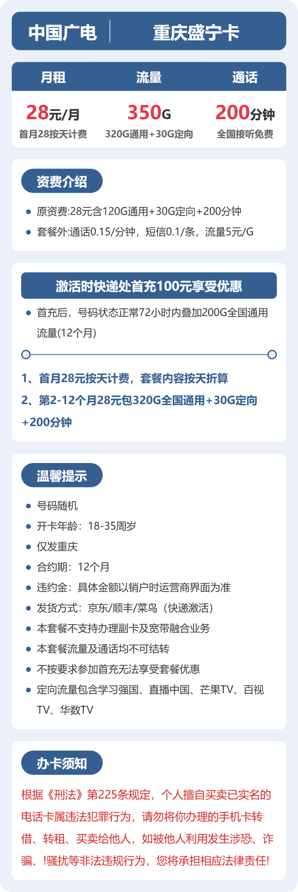 广电重庆盛宁卡28元包350G通用+200分钟官方办理入口