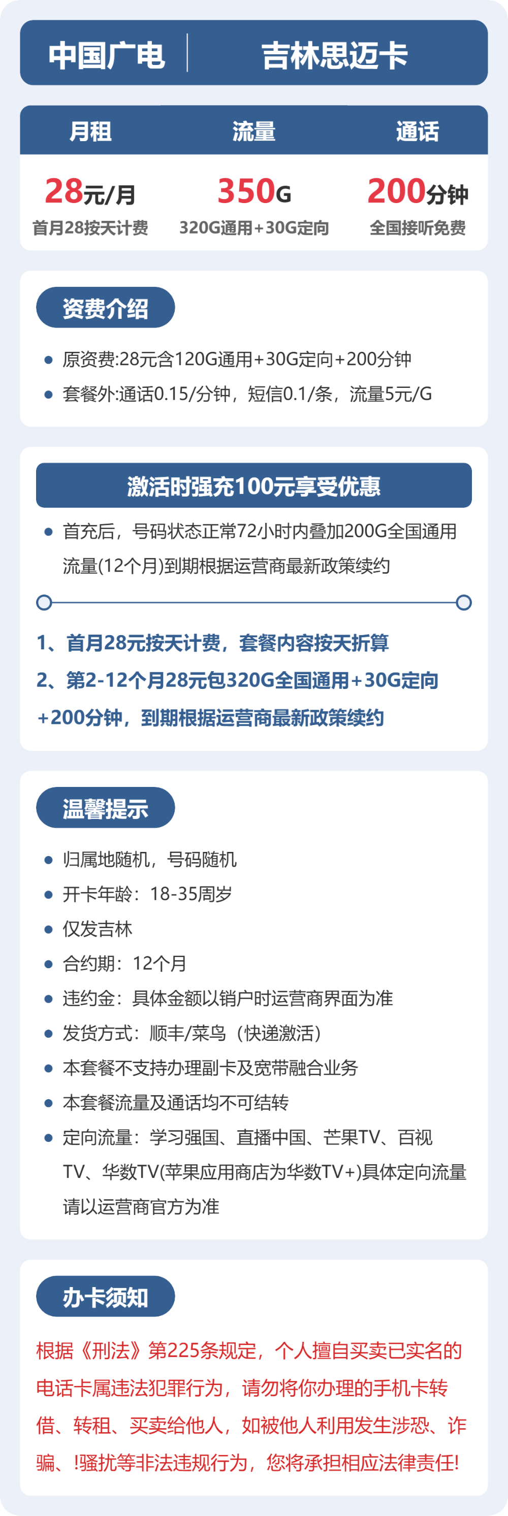 广电吉林思迈卡28元包350G通用+200分钟官方办理入口