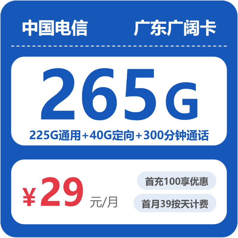 电信广东广阔卡29元包265G通用+300分钟官方办理入口