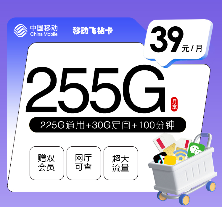 移动飞钻卡【39元255G+100分钟+双会员】【仅发广东】官方办理入口