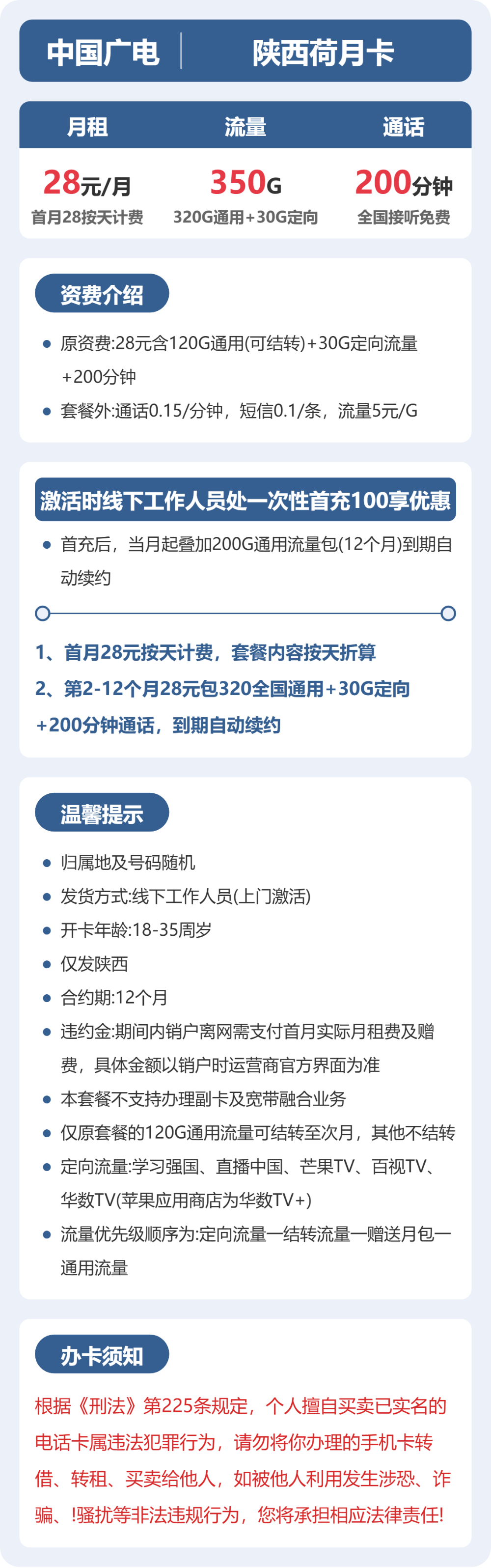广电陕西荷月卡28元包350G通用+200分钟官方办理入口