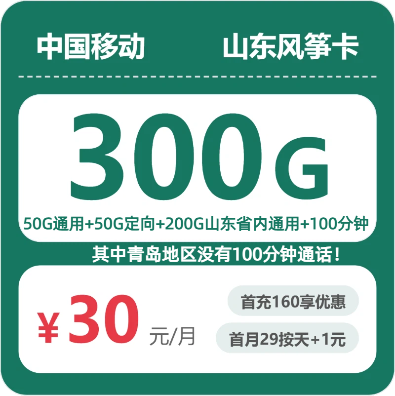 移动山东风筝卡30元包300G通用+100分钟官方办理入口