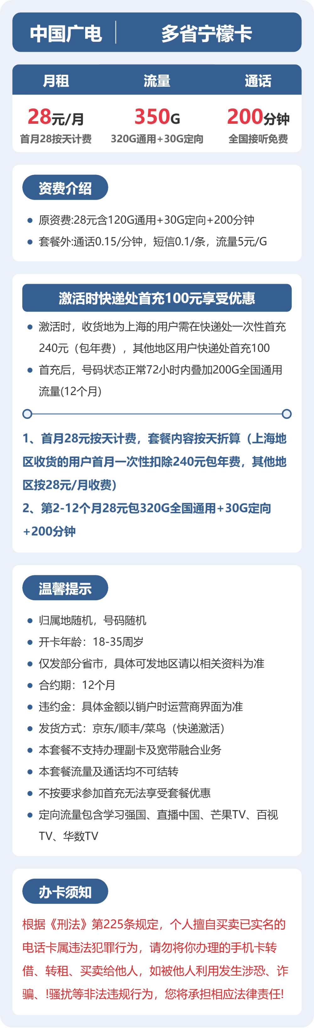 广电多省宁檬卡28元包350G通用+200分钟官方办理入口