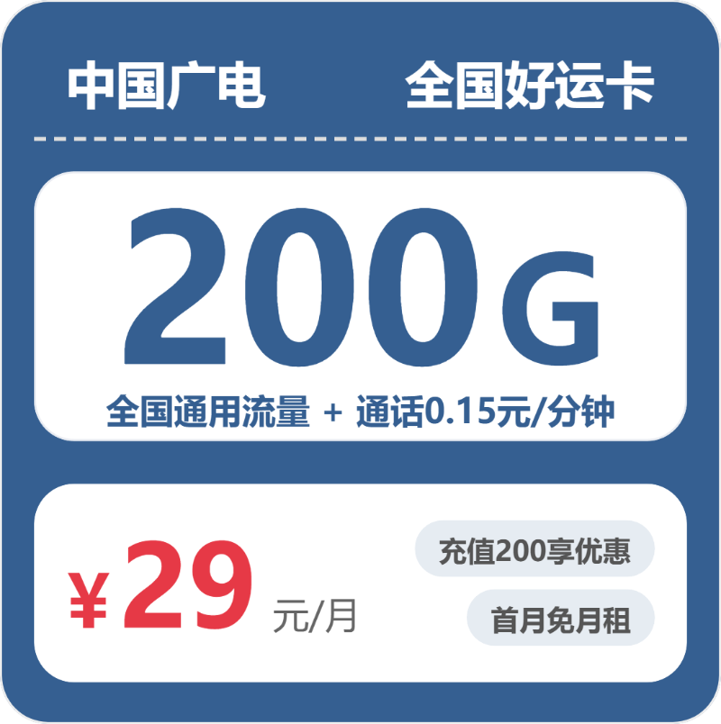 广电全国好运卡29元包200G通用+100分钟官方办理入口