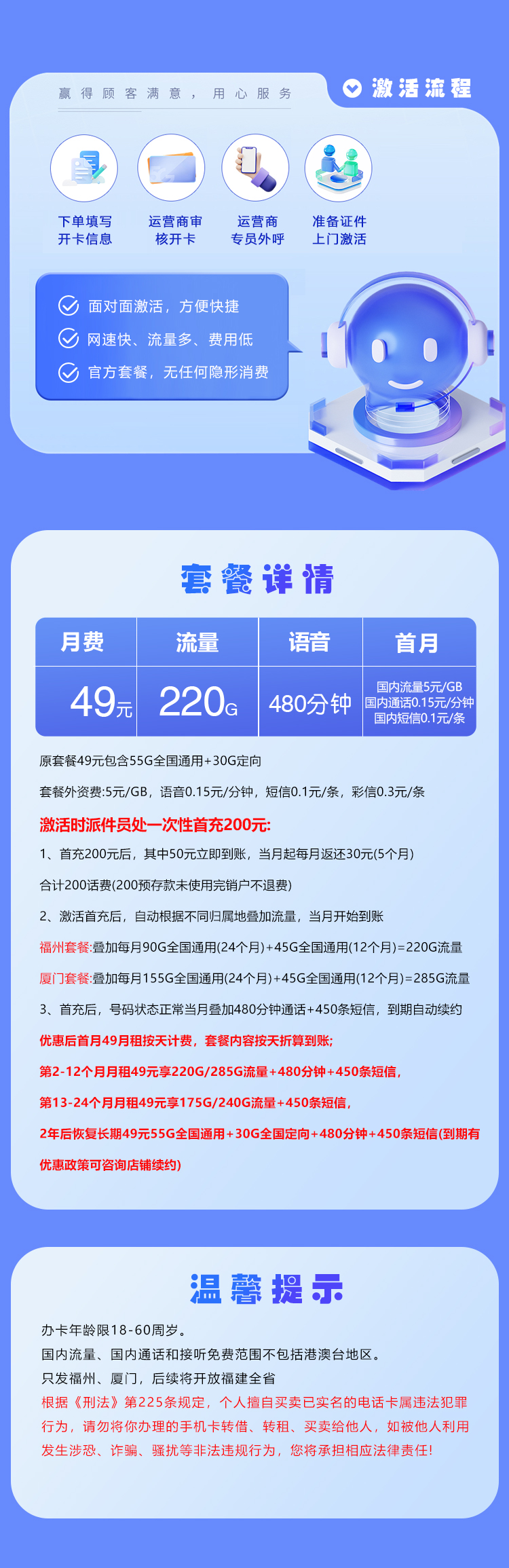 福建电信专属卡【49元220G+480分钟】仅发厦门 福州官方办理入口