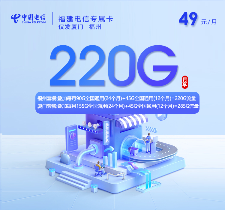 福建电信专属卡【49元220G+480分钟】仅发厦门 福州官方办理入口