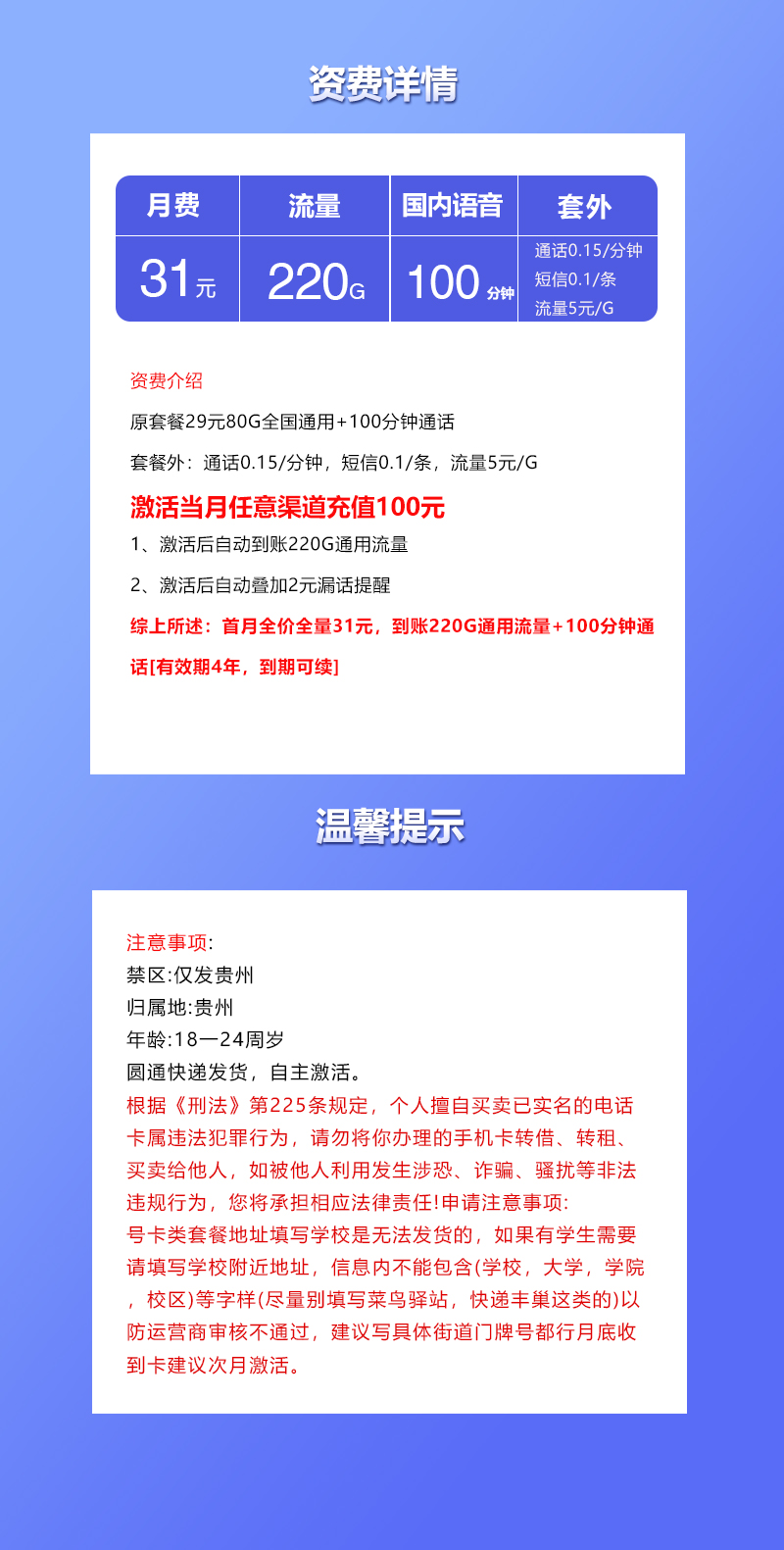 贵州联通省内专属卡【31元220G+100分钟】官方办理入口