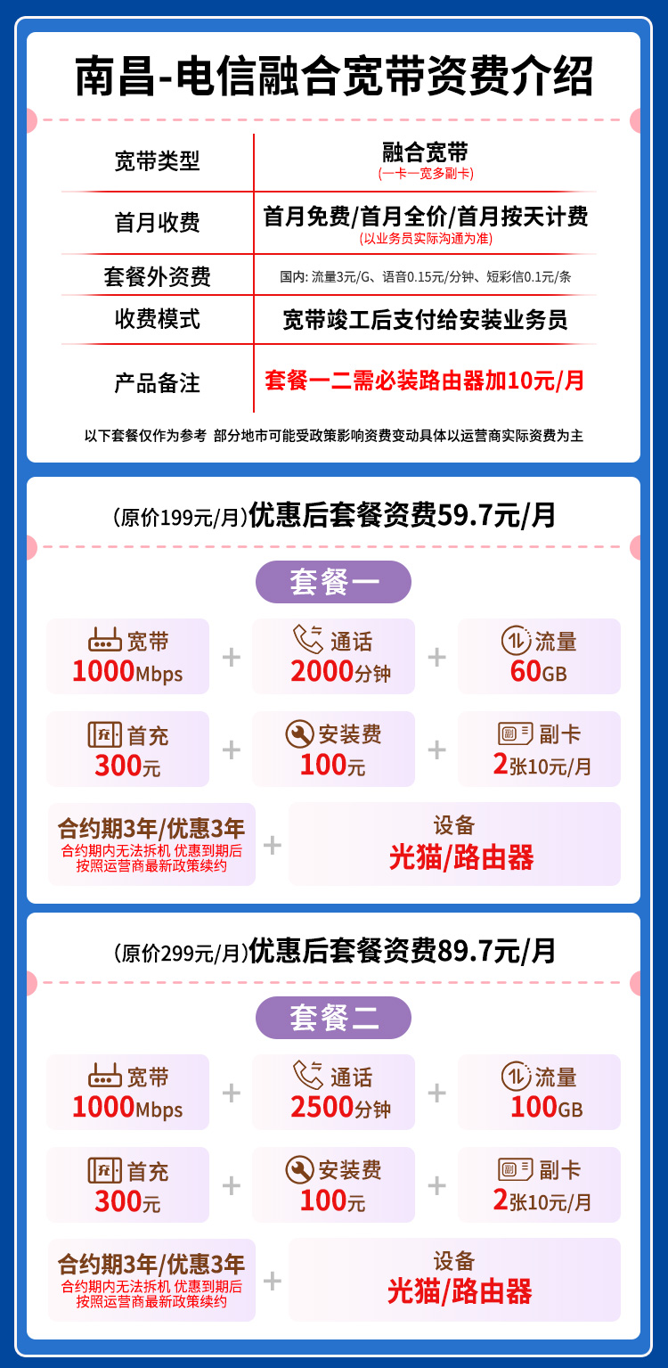 电信江西南昌宽带卡7元包100G通用+2500分钟官方办理入口