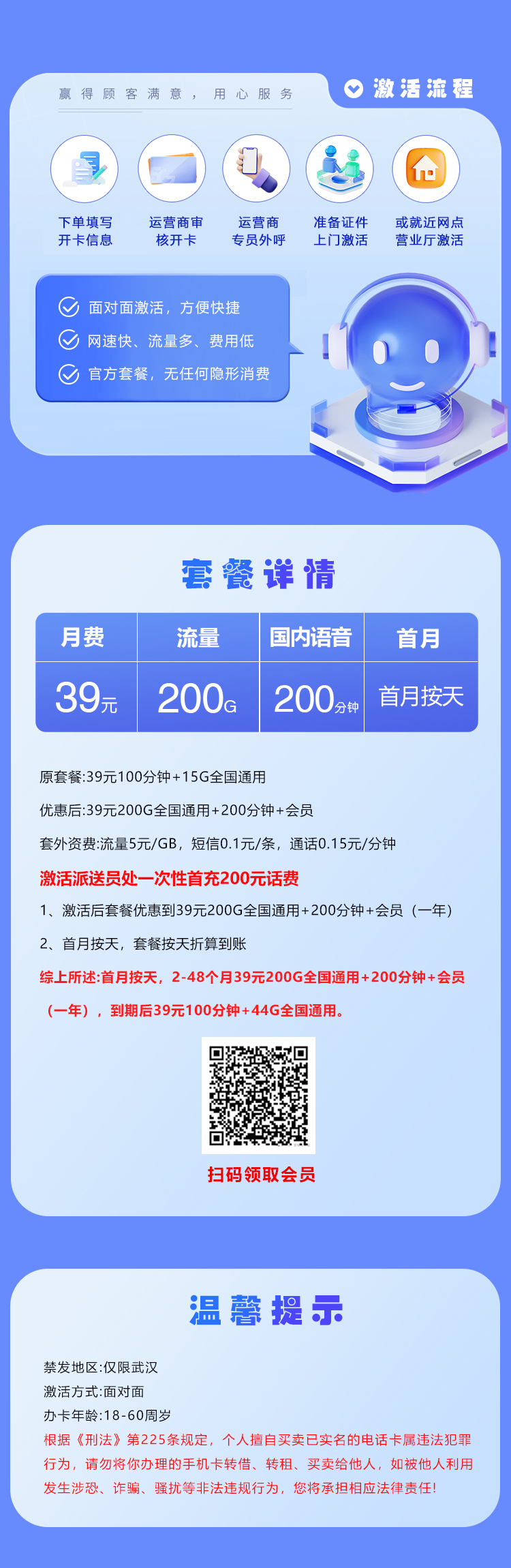 联通湖北专属卡【39元200G+200分钟+会员】【仅限武汉】官方办理入口